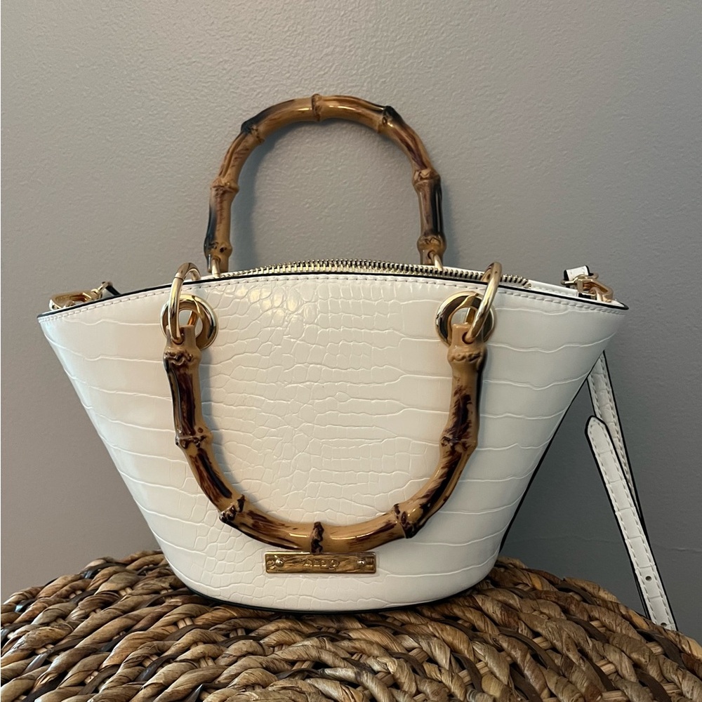 Aldo Sicia Mini Satchel
White Croc-Embossed w/ Bamboo Handles,long strap 
NWOT
